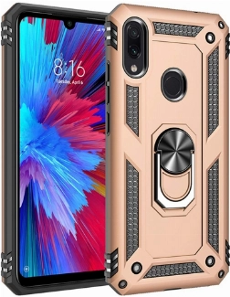 Xiaomi Redmi Note 7 Kılıf Silikon Zırhlı Standlı Yüzüklü Mıknatıslı Tank Kapak - Gold