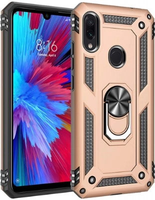 Xiaomi Redmi Note 7 Kılıf Silikon Zırhlı Standlı Yüzüklü Mıknatıslı Tank Kapak - Gold