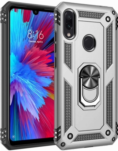 Xiaomi Redmi Note 7 Kılıf Silikon Zırhlı Standlı Yüzüklü Mıknatıslı Tank Kapak - Gri