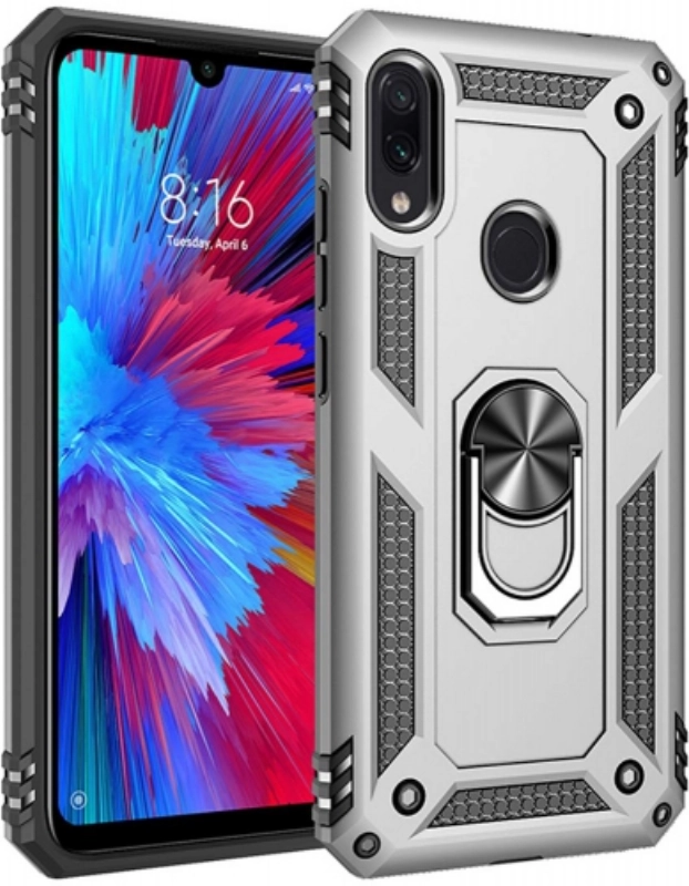 Xiaomi Redmi Note 7 Kılıf Silikon Zırhlı Standlı Yüzüklü Mıknatıslı Tank Kapak - Gri