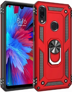 Xiaomi Redmi Note 7 Kılıf Silikon Zırhlı Standlı Yüzüklü Mıknatıslı Tank Kapak - Kırmızı