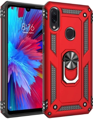 Xiaomi Redmi Note 7 Kılıf Silikon Zırhlı Standlı Yüzüklü Mıknatıslı Tank Kapak - Kırmızı