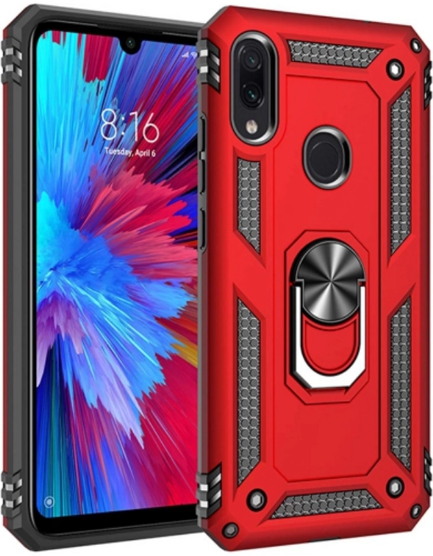 Xiaomi Redmi Note 7 Kılıf Silikon Zırhlı Standlı Yüzüklü Mıknatıslı Tank Kapak - Kırmızı