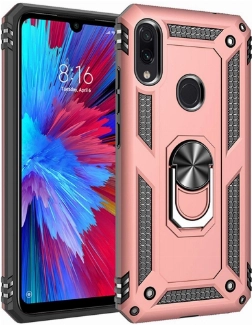 Xiaomi Redmi Note 7 Kılıf Silikon Zırhlı Standlı Yüzüklü Mıknatıslı Tank Kapak - Rose Gold