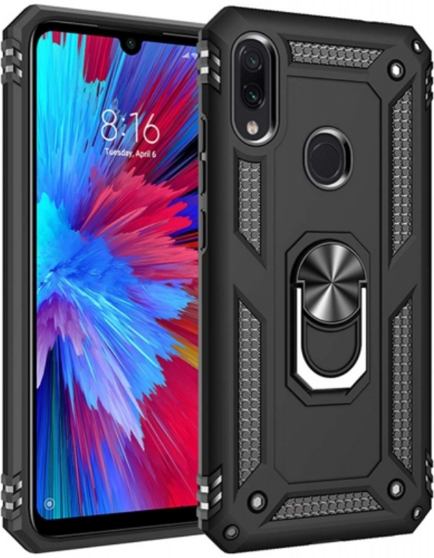 Xiaomi Redmi Note 7 Kılıf Silikon Zırhlı Standlı Yüzüklü Mıknatıslı Tank Kapak - Siyah