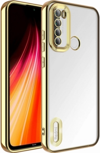 Xiaomi Redmi Note 8 Kılıf Kamera Lens Korumalı Şeffaf Renkli Logo Gösteren Parlak Kapak - Gold