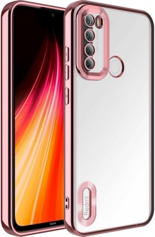 Xiaomi Redmi Note 8 Kılıf Kamera Lens Korumalı Şeffaf Renkli Logo Gösteren Parlak Kapak - Rose Gold