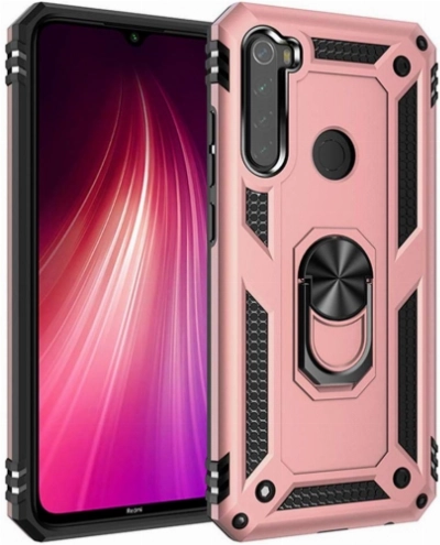 Xiaomi Redmi Note 8 Kılıf Silikon Zırhlı Standlı Yüzüklü Mıknatıslı Tank Kapak - Rose Gold