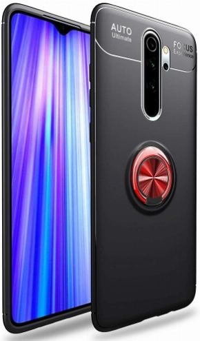 Xiaomi Redmi Note 8 Pro Kılıf Renkli Silikon Yüzüklü Standlı Auto Focus Ravel Kapak - Kırmızı - Siyah