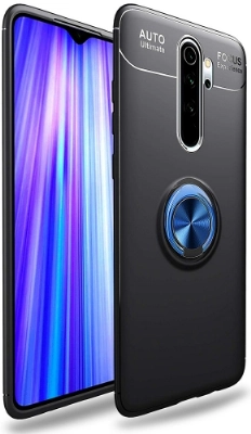 Xiaomi Redmi Note 8 Pro Kılıf Renkli Silikon Yüzüklü Standlı Auto Focus Ravel Kapak - Mavi - Siyah