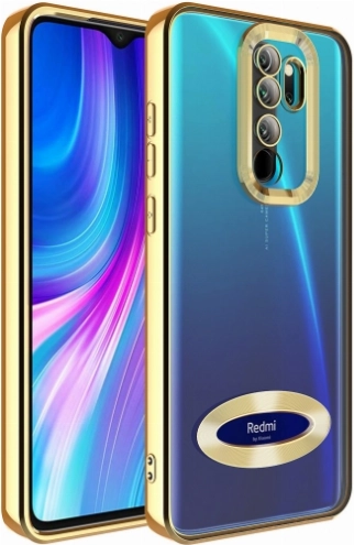 Xiaomi Redmi Note 8 Pro Kılıf Kamera Lens Korumalı Şeffaf Renkli Logo Gösteren Parlak Kapak - Gold