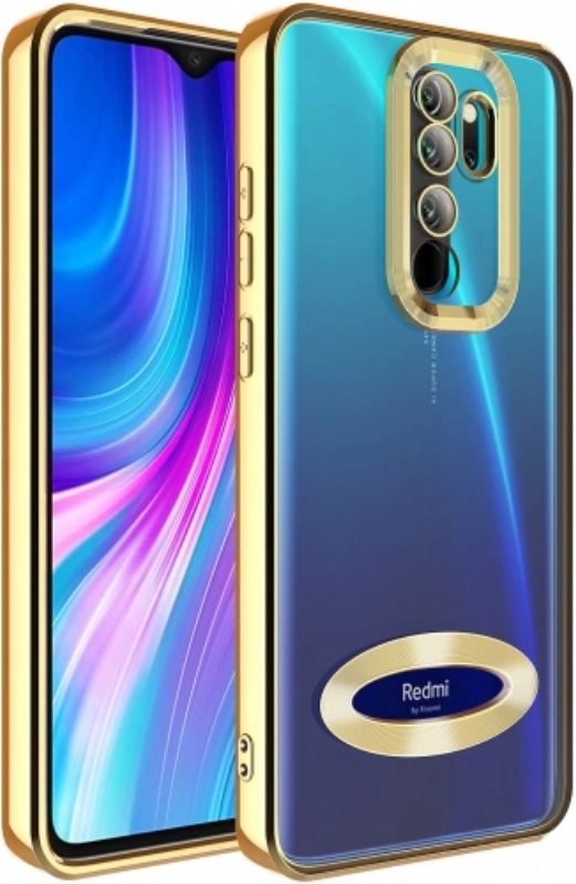 Xiaomi Redmi Note 8 Pro Kılıf Kamera Lens Korumalı Şeffaf Renkli Logo Gösteren Parlak Kapak - Gold