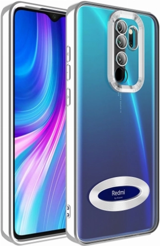 Xiaomi Redmi Note 8 Pro Kılıf Kamera Lens Korumalı Şeffaf Renkli Logo Gösteren Parlak Kapak - Gümüş