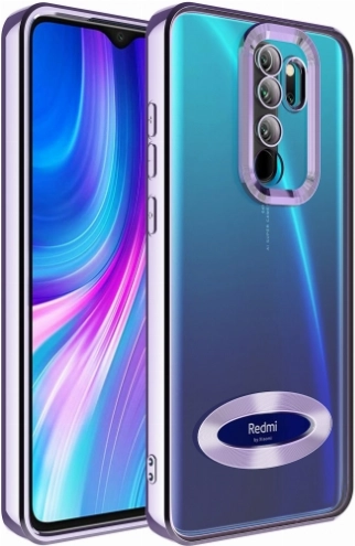 Xiaomi Redmi Note 8 Pro Kılıf Kamera Lens Korumalı Şeffaf Renkli Logo Gösteren Parlak Kapak - Lila