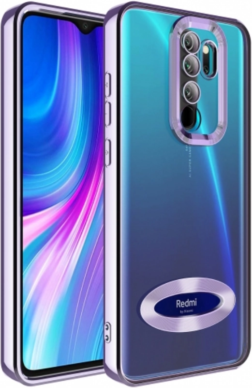 Xiaomi Redmi Note 8 Pro Kılıf Kamera Lens Korumalı Şeffaf Renkli Logo Gösteren Parlak Kapak - Lila