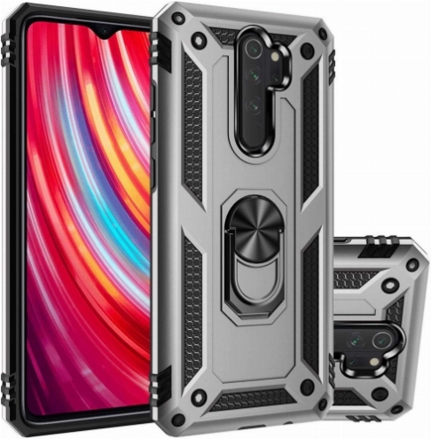 Xiaomi Redmi Note 8 Pro Kılıf Silikon Zırhlı Standlı Yüzüklü Mıknatıslı Tank Kapak - Gri