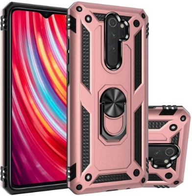 Xiaomi Redmi Note 8 Pro Kılıf Silikon Zırhlı Standlı Yüzüklü Mıknatıslı Tank Kapak - Rose Gold