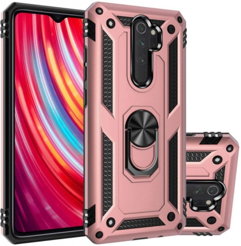 Xiaomi Redmi Note 8 Pro Kılıf Silikon Zırhlı Standlı Yüzüklü Mıknatıslı Tank Kapak - Rose Gold