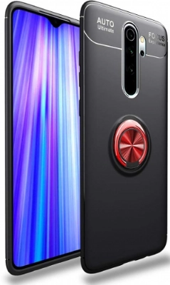 Xiaomi Redmi Note 8T Kılıf Renkli Silikon Yüzüklü Standlı Auto Focus Ravel Kapak - Kırmızı - Siyah