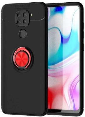 Xiaomi Redmi Note 9 Kılıf Renkli Silikon Yüzüklü Standlı Auto Focus Ravel Kapak - Kırmızı - Siyah