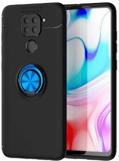 Xiaomi Redmi Note 9 Kılıf Renkli Silikon Yüzüklü Standlı Auto Focus Ravel Kapak - Mavi - Siyah