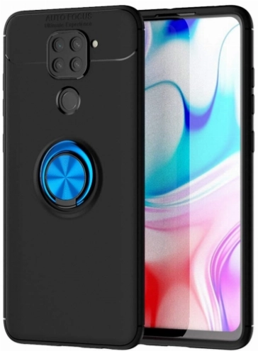 Xiaomi Redmi Note 9 Kılıf Renkli Silikon Yüzüklü Standlı Auto Focus Ravel Kapak - Mavi - Siyah