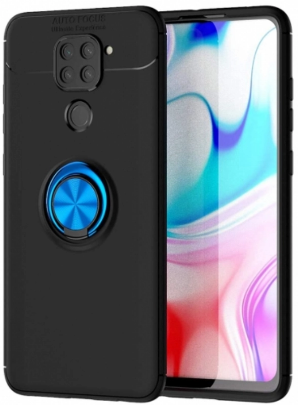 Xiaomi Redmi Note 9 Kılıf Renkli Silikon Yüzüklü Standlı Auto Focus Ravel Kapak - Mavi - Siyah