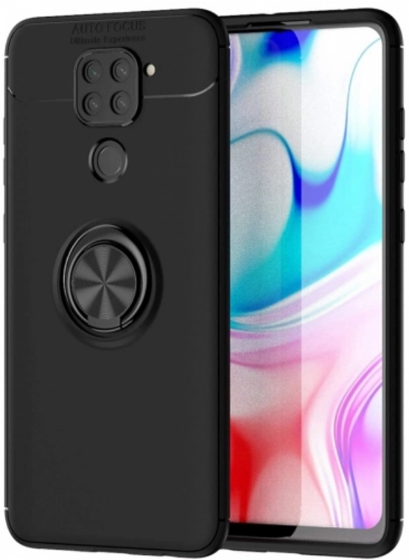 Xiaomi Redmi Note 9 Kılıf Renkli Silikon Yüzüklü Standlı Auto Focus Ravel Kapak - Siyah