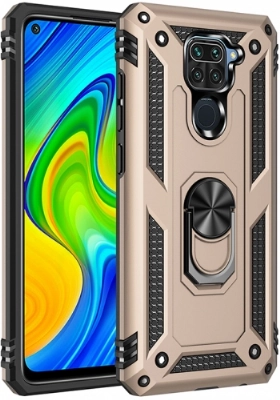 Xiaomi Redmi Note 9 Kılıf Silikon Zırhlı Standlı Yüzüklü Mıknatıslı Tank Kapak - Gold