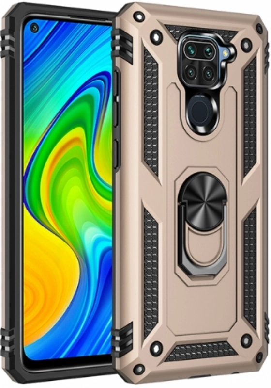 Xiaomi Redmi Note 9 Kılıf Silikon Zırhlı Standlı Yüzüklü Mıknatıslı Tank Kapak - Gold