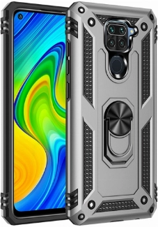 Xiaomi Redmi Note 9 Kılıf Silikon Zırhlı Standlı Yüzüklü Mıknatıslı Tank Kapak - Gümüş