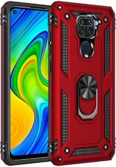 Xiaomi Redmi Note 9 Kılıf Silikon Zırhlı Standlı Yüzüklü Mıknatıslı Tank Kapak - Kırmızı