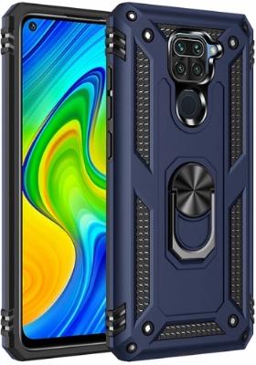 Xiaomi Redmi Note 9 Kılıf Silikon Zırhlı Standlı Yüzüklü Mıknatıslı Tank Kapak - Lacivert