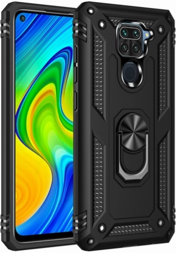 Xiaomi Redmi Note 9 Kılıf Silikon Zırhlı Standlı Yüzüklü Mıknatıslı Tank Kapak - Siyah