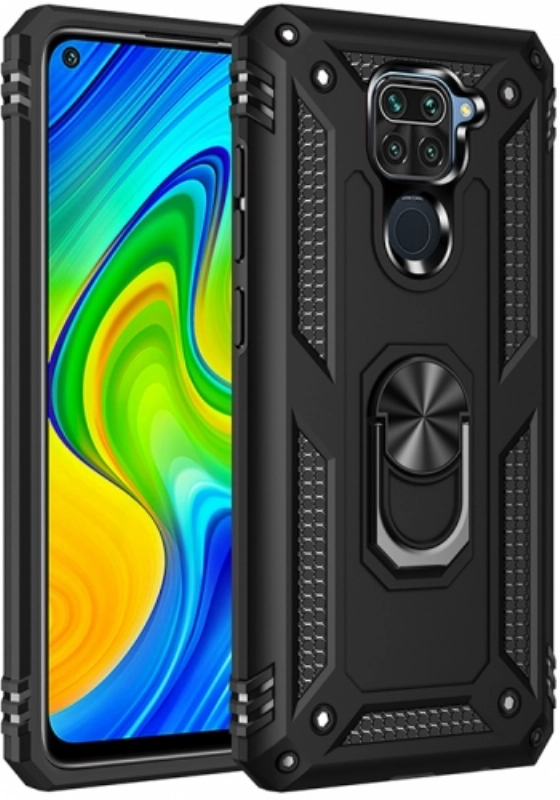 Xiaomi Redmi Note 9 Kılıf Silikon Zırhlı Standlı Yüzüklü Mıknatıslı Tank Kapak - Siyah