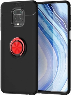 Xiaomi Redmi Note 9 Pro Kılıf Renkli Silikon Yüzüklü Standlı Auto Focus Ravel Kapak - Kırmızı - Siyah