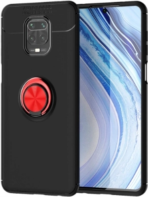 Xiaomi Redmi Note 9 Pro Kılıf Renkli Silikon Yüzüklü Standlı Auto Focus Ravel Kapak - Kırmızı - Siyah