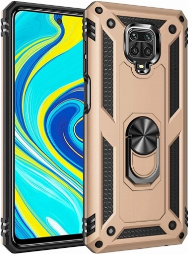 Xiaomi Redmi Note 9 Pro Kılıf Silikon Zırhlı Standlı Yüzüklü Mıknatıslı Tank Kapak - Gold