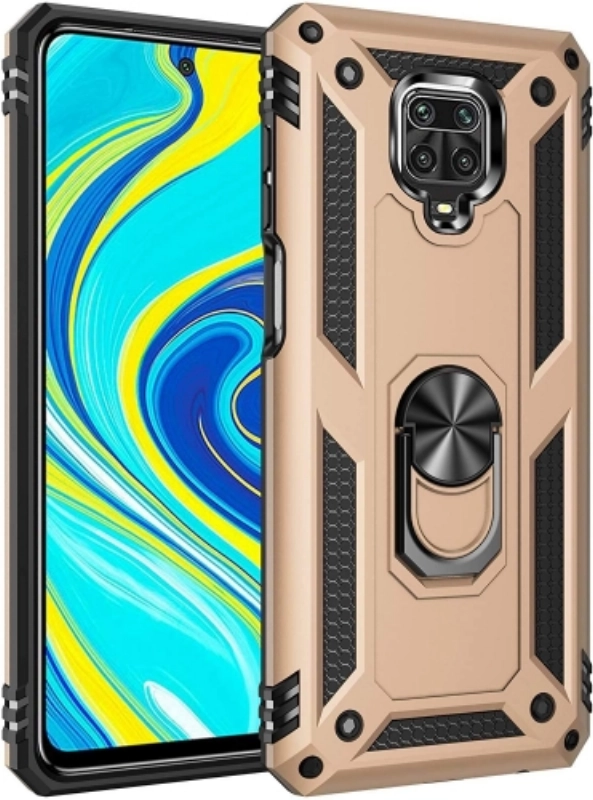 Xiaomi Redmi Note 9 Pro Kılıf Silikon Zırhlı Standlı Yüzüklü Mıknatıslı Tank Kapak - Gold