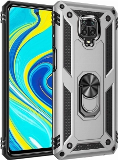 Xiaomi Redmi Note 9 Pro Kılıf Silikon Zırhlı Standlı Yüzüklü Mıknatıslı Tank Kapak - Gümüş