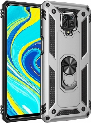 Xiaomi Redmi Note 9 Pro Kılıf Silikon Zırhlı Standlı Yüzüklü Mıknatıslı Tank Kapak - Gümüş