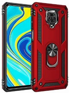 Xiaomi Redmi Note 9 Pro Kılıf Silikon Zırhlı Standlı Yüzüklü Mıknatıslı Tank Kapak - Kırmızı