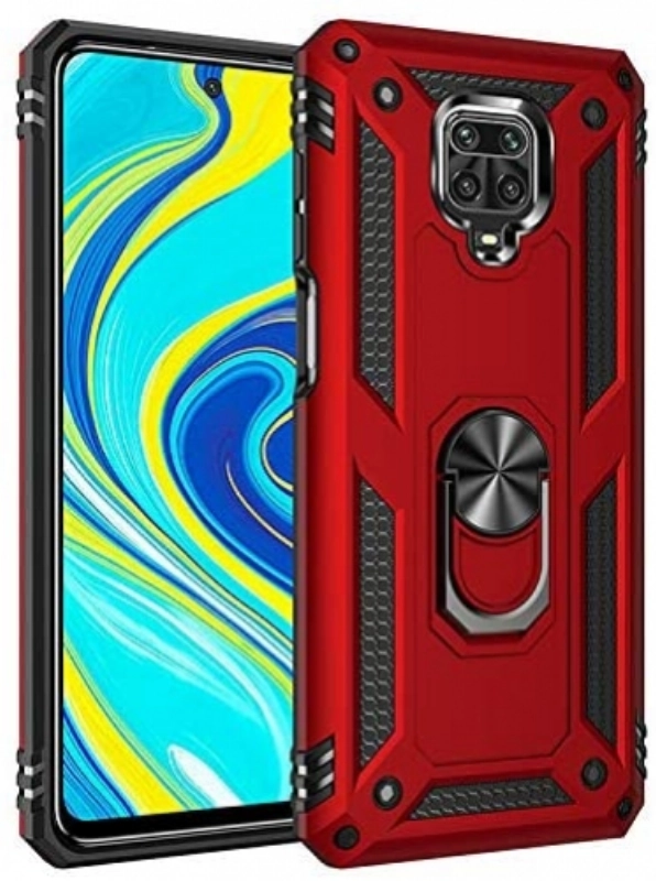 Xiaomi Redmi Note 9 Pro Kılıf Silikon Zırhlı Standlı Yüzüklü Mıknatıslı Tank Kapak - Kırmızı