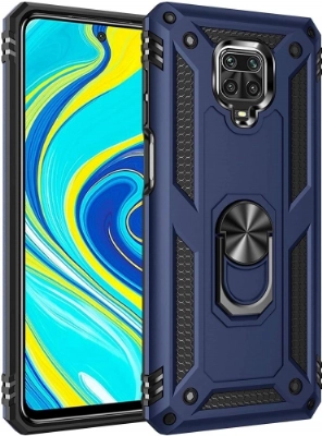 Xiaomi Redmi Note 9 Pro Kılıf Silikon Zırhlı Standlı Yüzüklü Mıknatıslı Tank Kapak - Lacivert