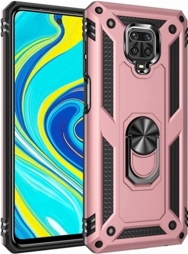 Xiaomi Redmi Note 9 Pro Kılıf Silikon Zırhlı Standlı Yüzüklü Mıknatıslı Tank Kapak - Rose Gold