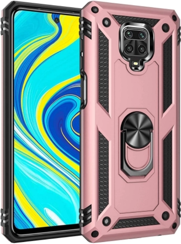 Xiaomi Redmi Note 9 Pro Kılıf Silikon Zırhlı Standlı Yüzüklü Mıknatıslı Tank Kapak - Rose Gold