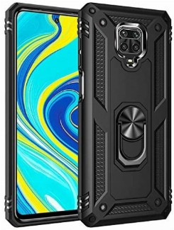 Xiaomi Redmi Note 9 Pro Kılıf Silikon Zırhlı Standlı Yüzüklü Mıknatıslı Tank Kapak - Siyah