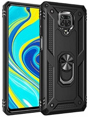 Xiaomi Redmi Note 9 Pro Kılıf Silikon Zırhlı Standlı Yüzüklü Mıknatıslı Tank Kapak - Siyah