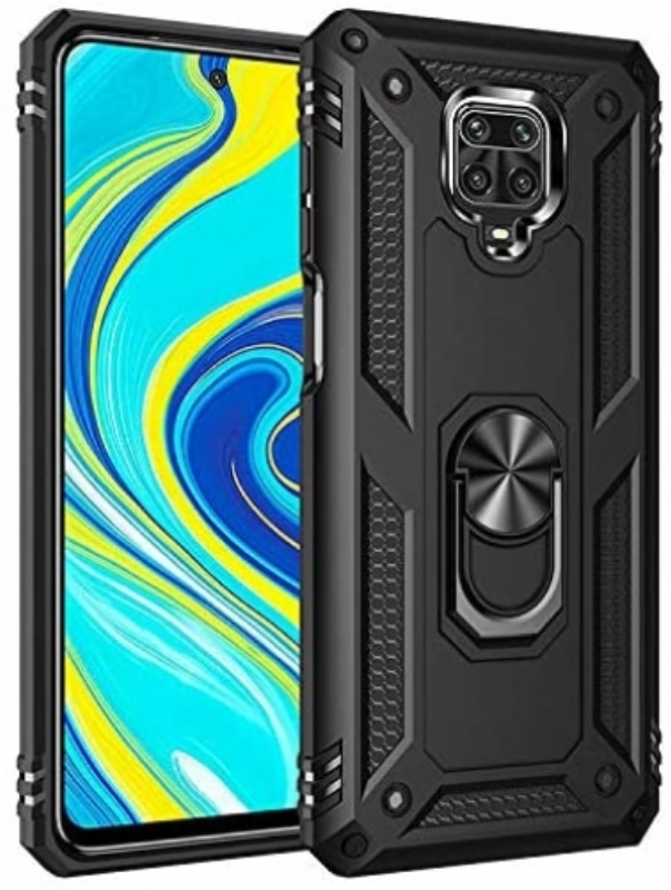 Xiaomi Redmi Note 9 Pro Kılıf Silikon Zırhlı Standlı Yüzüklü Mıknatıslı Tank Kapak - Siyah