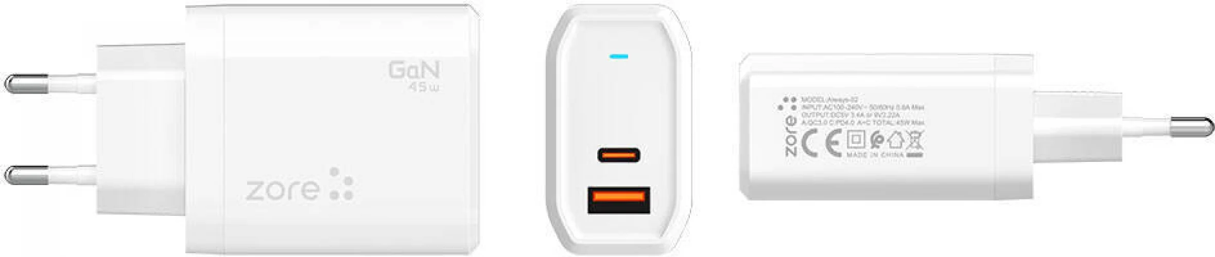 Zore Always-02 GaN Tech Type-C PD4.0 USB-A QC3.0 Hızlı Şarj Özellikli Seyahat Şarj Başlığı 45W - Beyaz